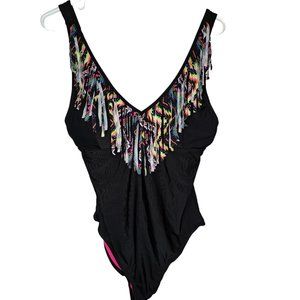 Capri Women's 1X Swimsuit Abstract Rainbow Black One Piece Colorful Tassels Plus